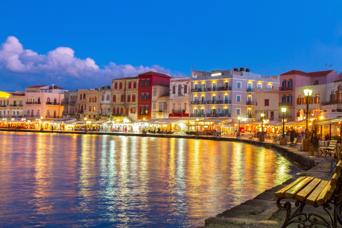 'illuminated venetian habour of Chania  at night, Crete, Greece' - Chania